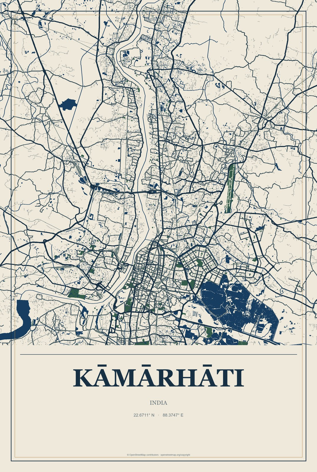 Kāmārhāti, India City Map Aluminum Sign in Coastal Cutout style