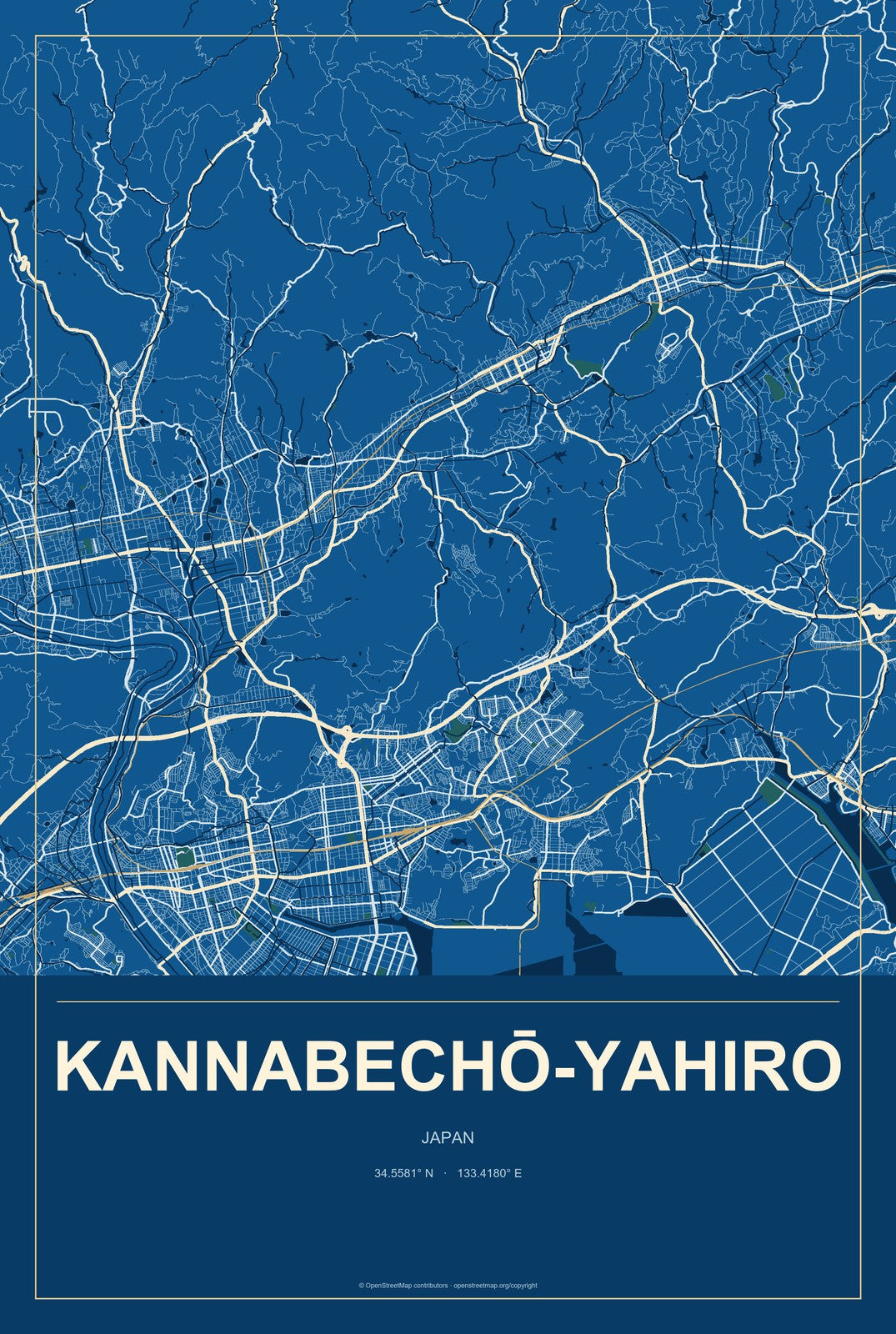 Kannabechō-yahiro, Japan City Map Aluminum Sign in Harbor Cobalt style