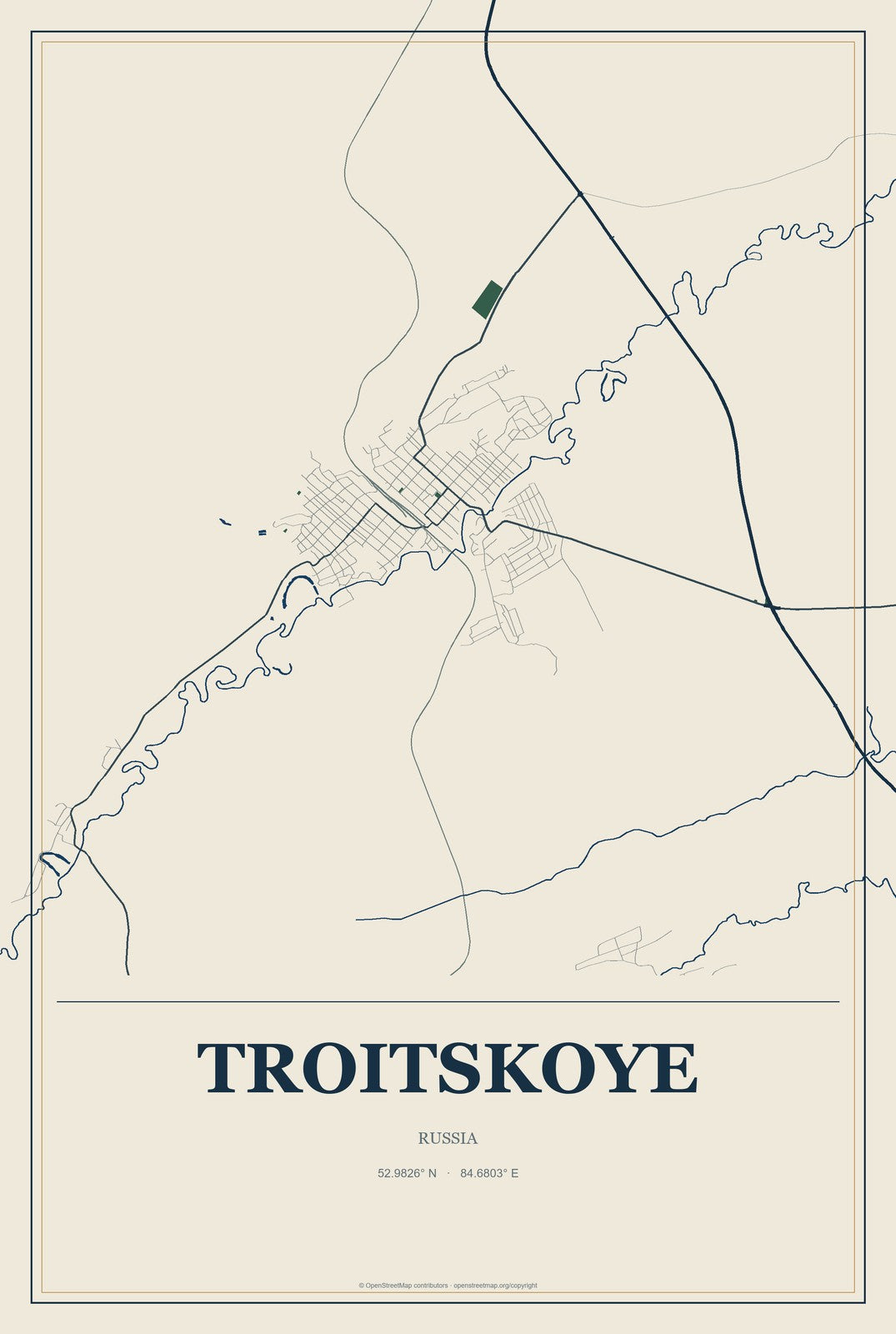Troitskoye, Altai Krai, Russia City Map Aluminum Sign in Coastal Cutout style