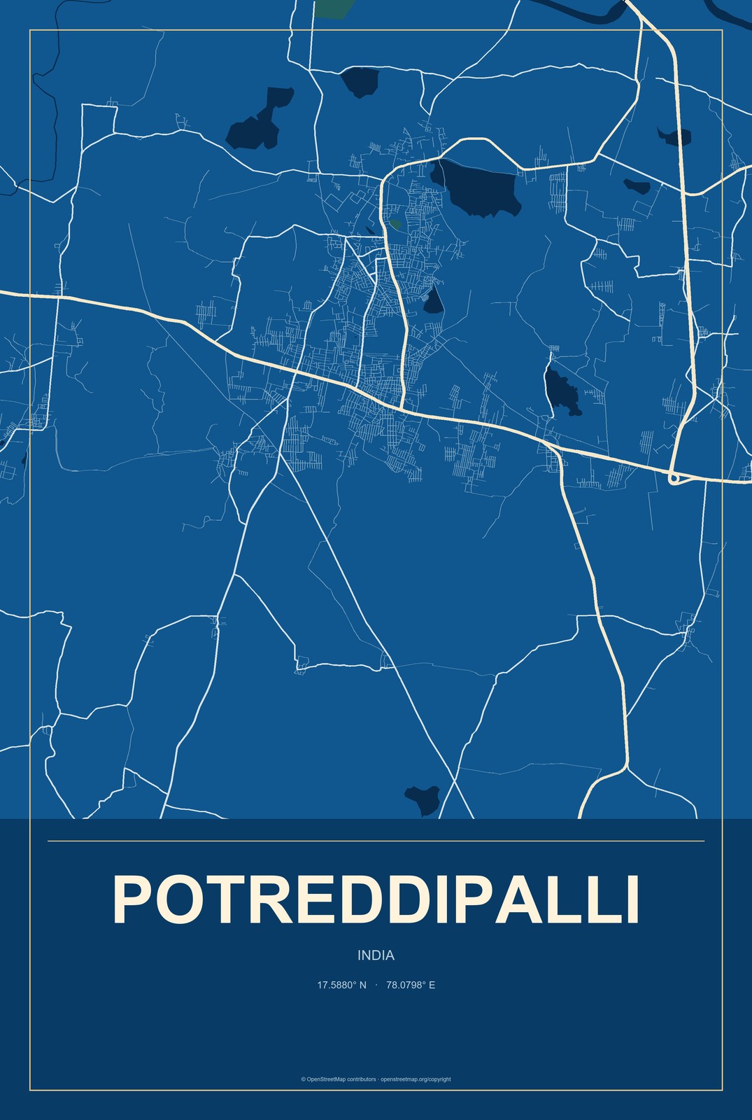 Potreddipalli, India City Map Aluminum Sign in Harbor Cobalt style