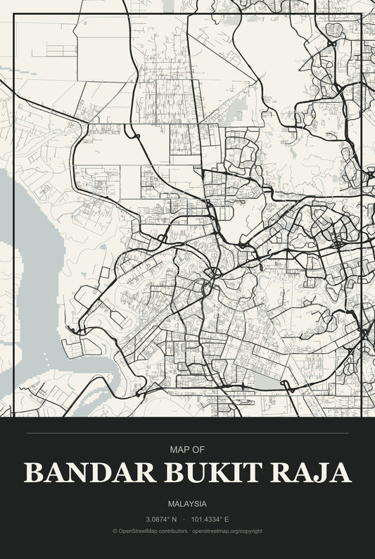 Bandar Bukit Raja, Malaysia City Map Aluminum Sign in Museum Plaque style