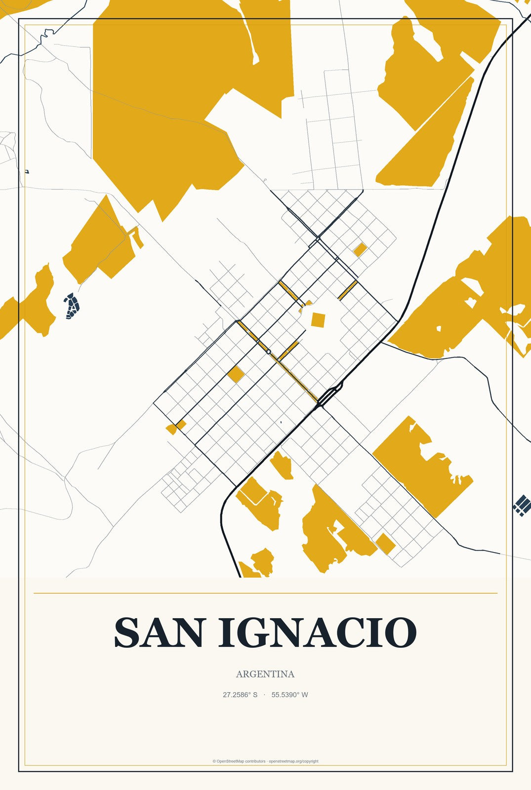 San Ignacio, Argentina City Map Aluminum Sign in Citrine Modern style