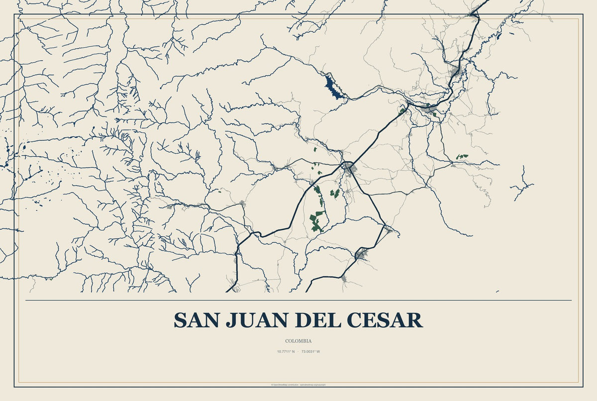 San Juan del Cesar, Colombia City Map Aluminum Sign in Coastal Cutout style