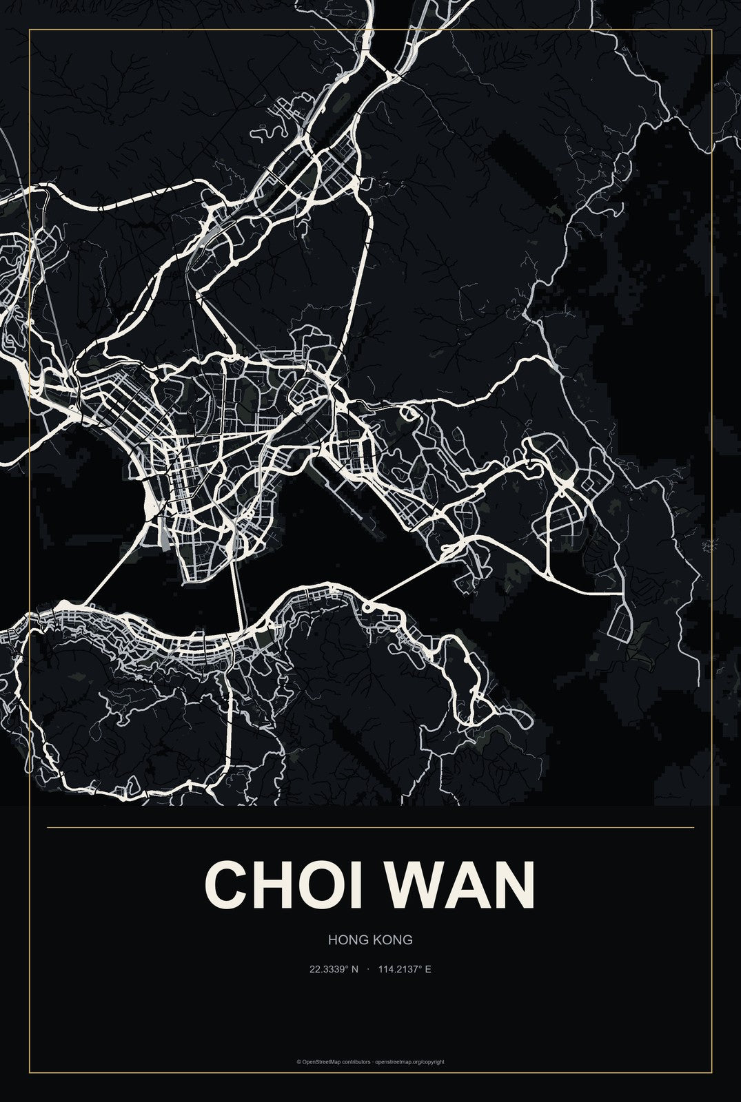 Choi Wan, Hong Kong City Map Aluminum Sign in Metropolitan Noir style