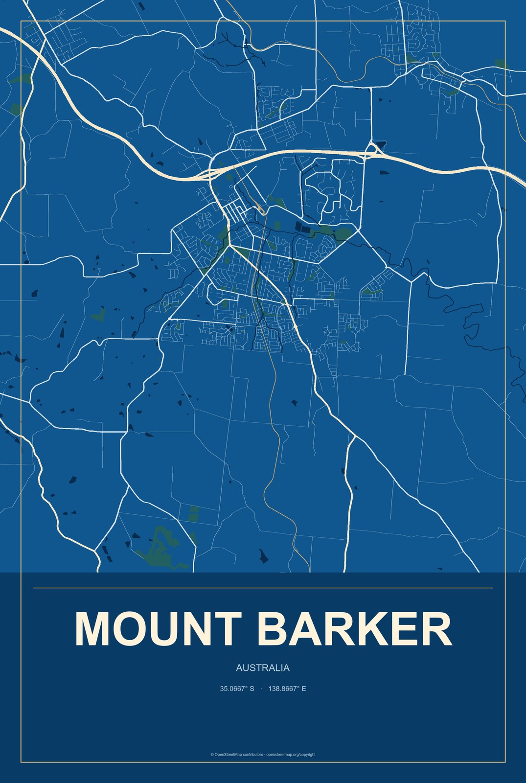 Mount Barker, Australia City Map Aluminum Sign in Harbor Cobalt style