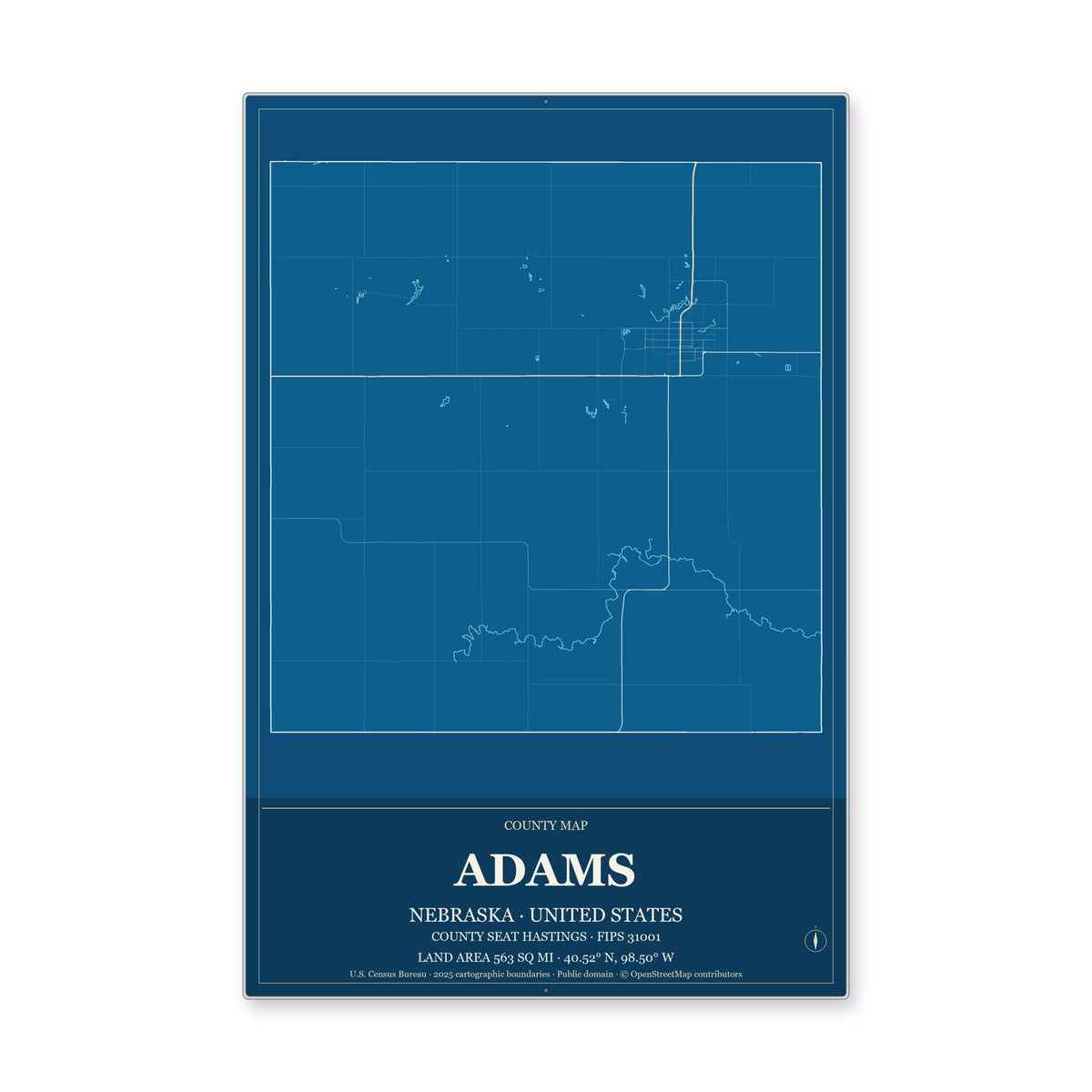 Adams County, Nebraska Map Aluminum Sign in Harbor Cobalt style
