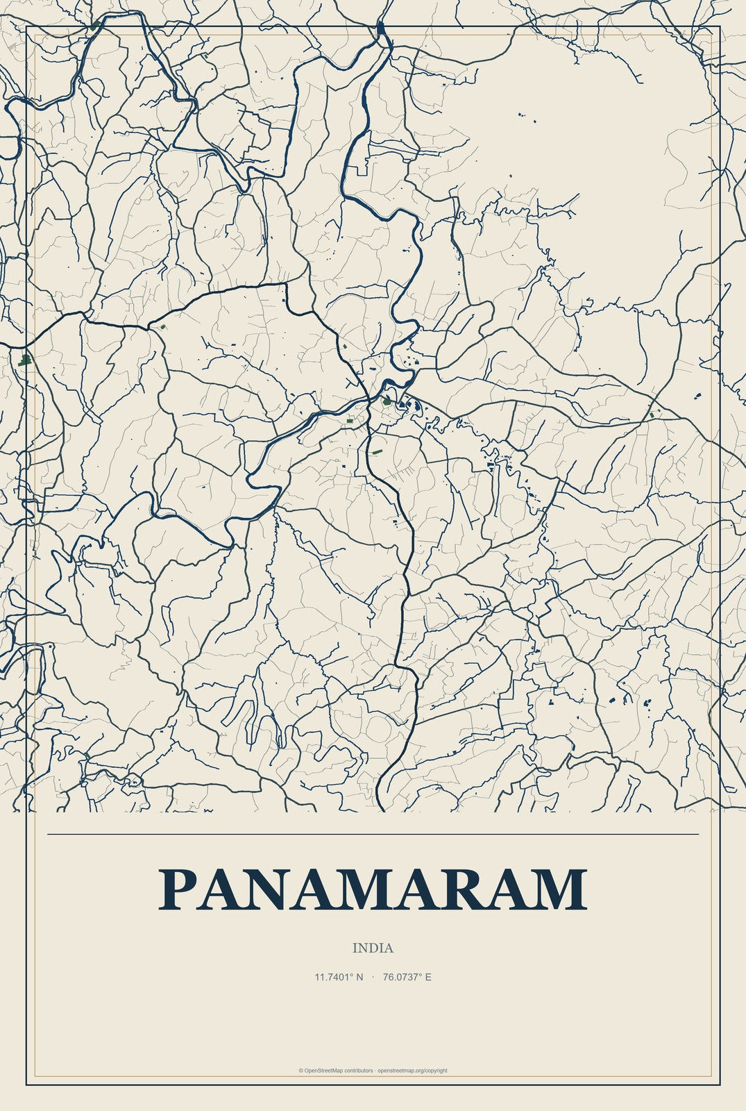 Panamaram, India City Map Aluminum Sign in Coastal Cutout style