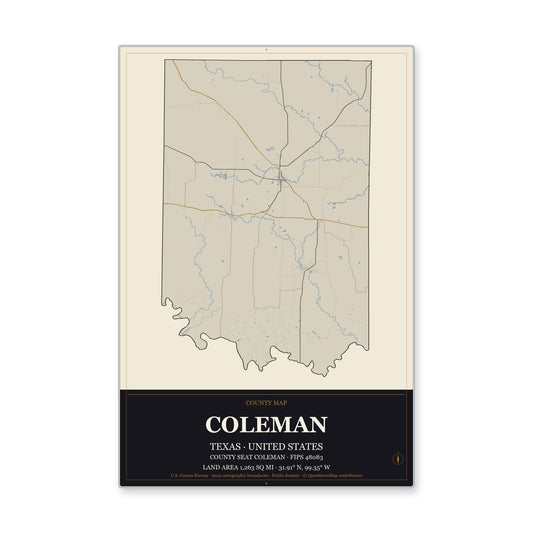 Coleman County, Texas Map Aluminum Sign in Museum Plaque style