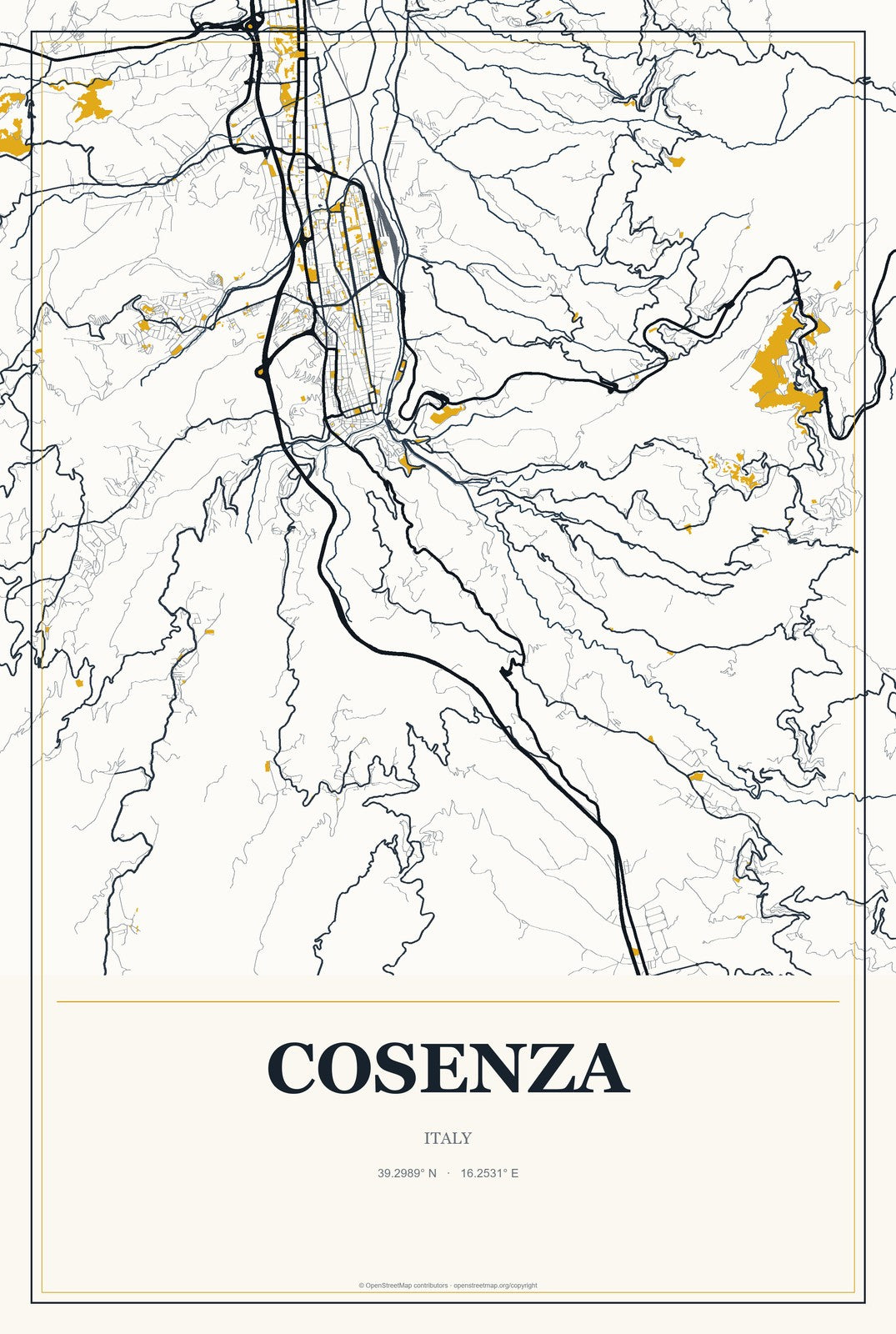 Cosenza, Italy City Map Aluminum Sign in Citrine Modern style