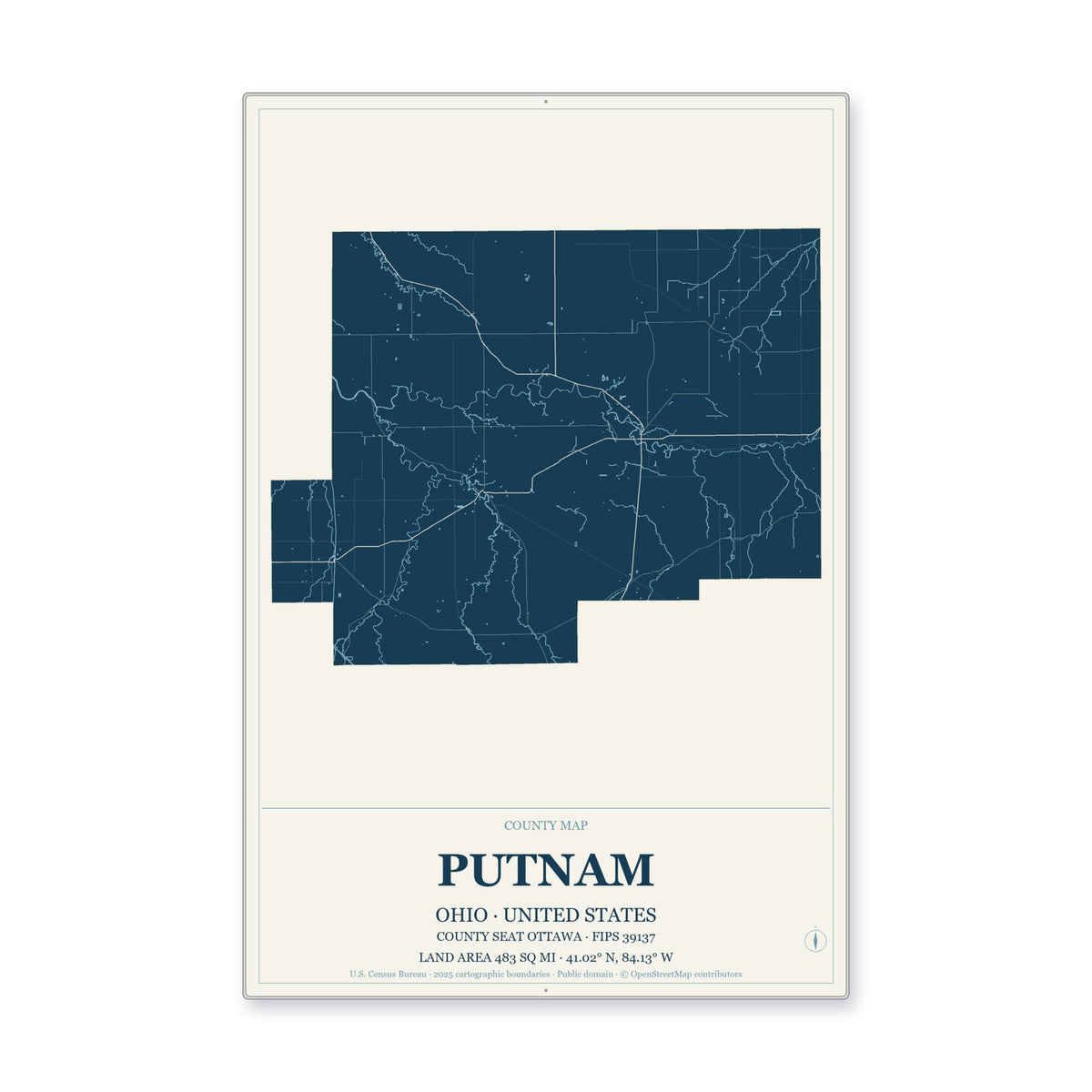 Putnam County, Ohio Map Aluminum Sign in Coastal Cutout style