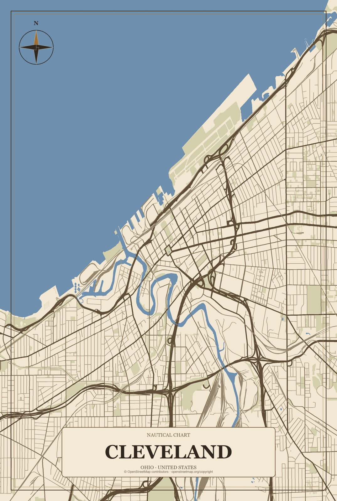 Cleveland, Ohio City Map Aluminum Sign in Heritage Nautical style