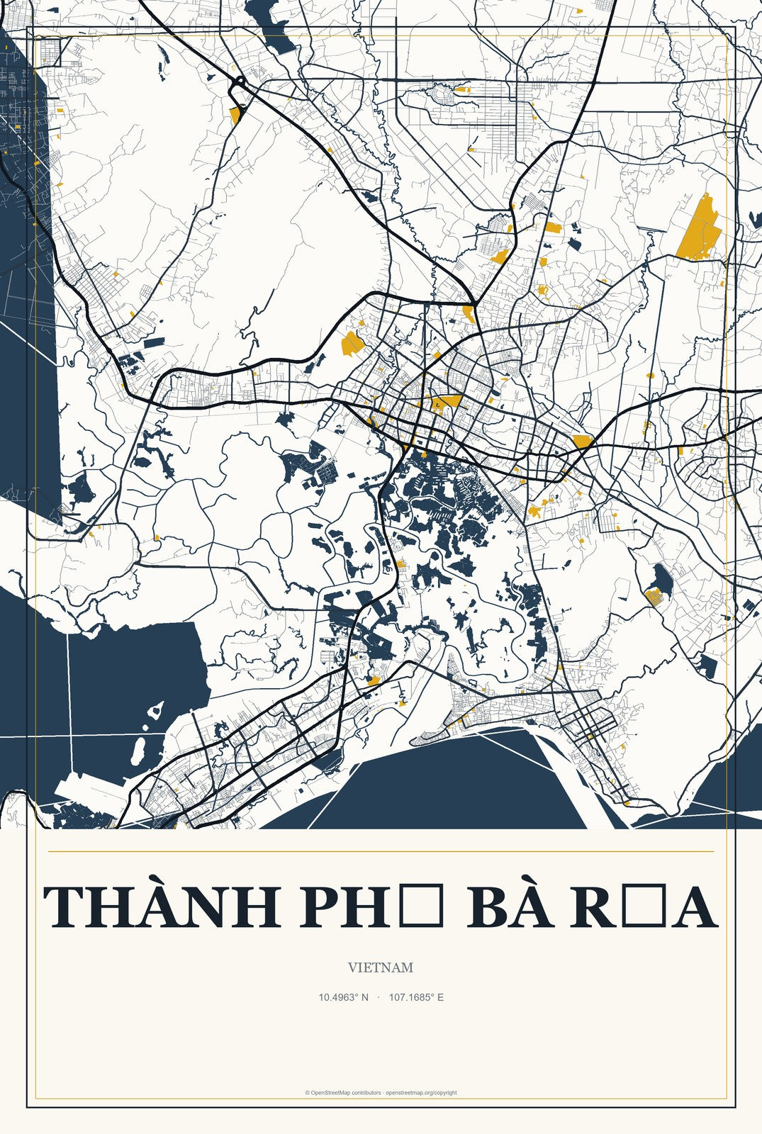 Thành Phố Bà Rịa, Vietnam City Map Aluminum Sign in Citrine Modern style