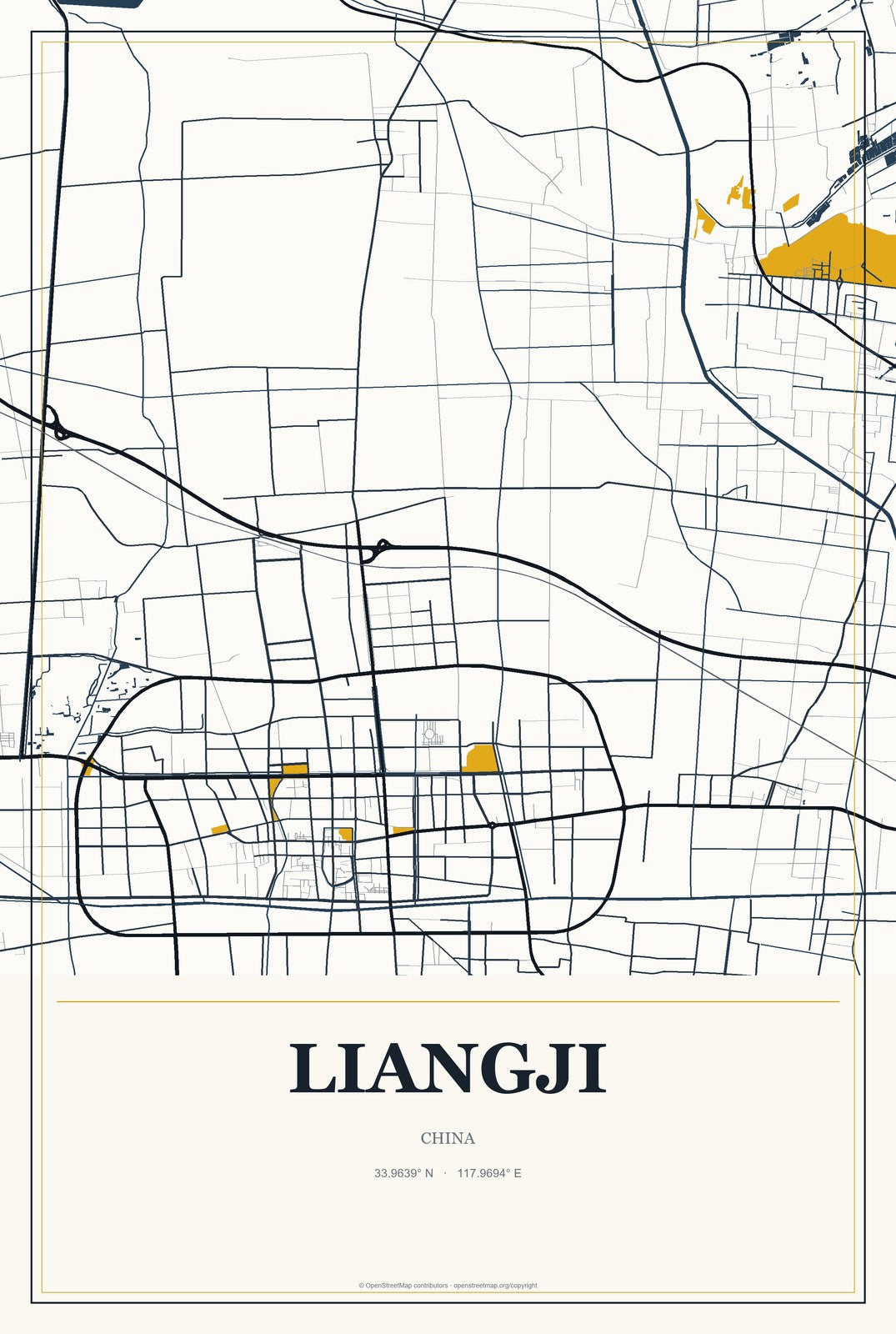 Liangji, China City Map Aluminum Sign in Citrine Modern style