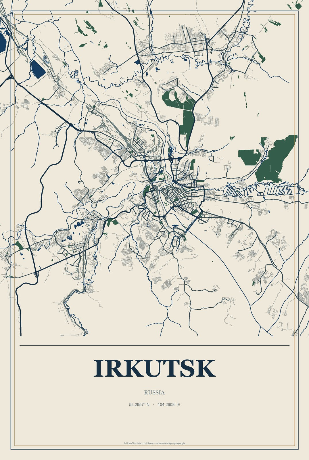 Irkutsk, Russia City Map Aluminum Sign in Coastal Cutout style