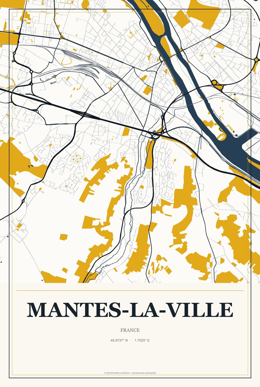 Mantes-la-Ville, France City Map Aluminum Sign in Citrine Modern style