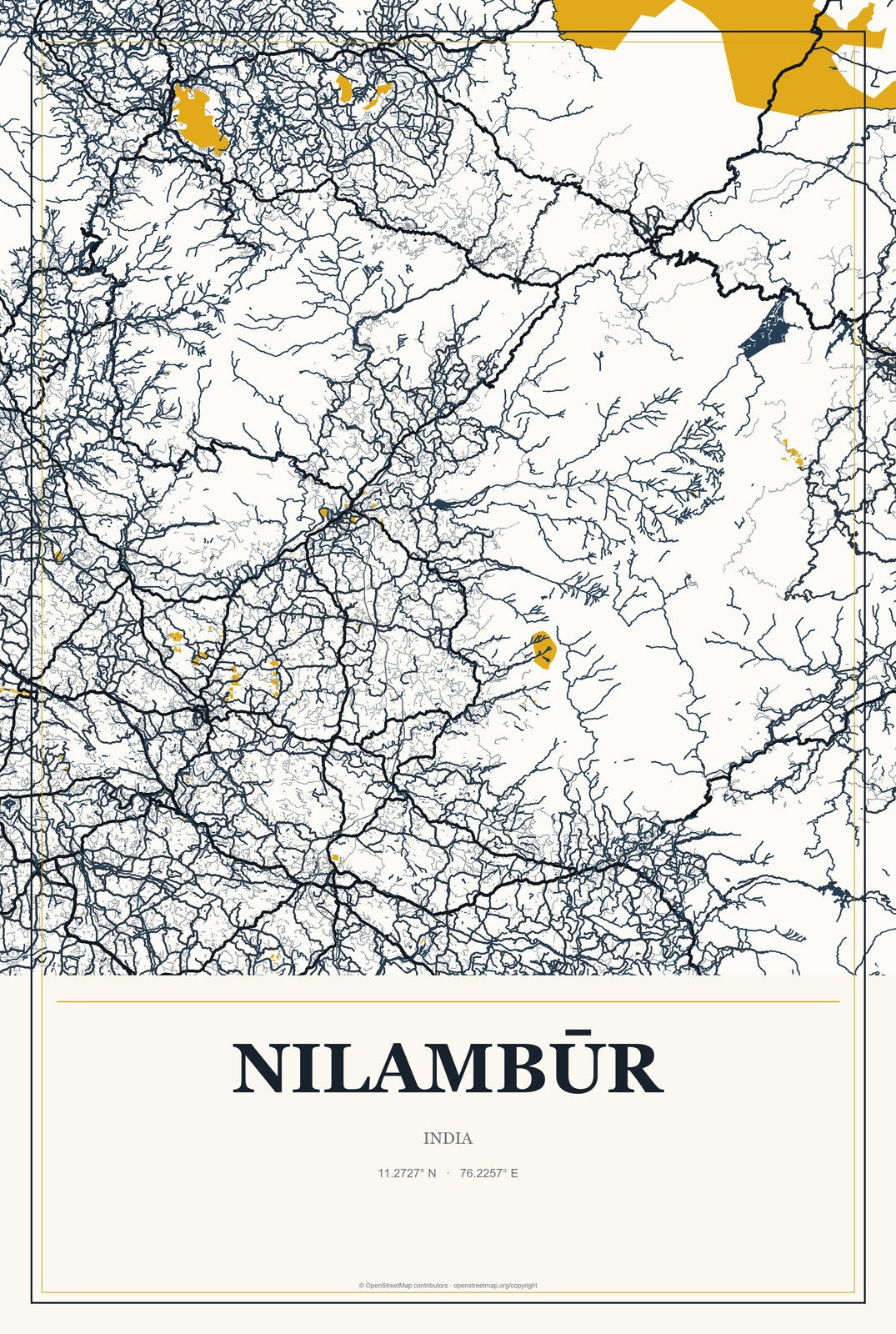 Nilambūr, India City Map Aluminum Sign in Citrine Modern style