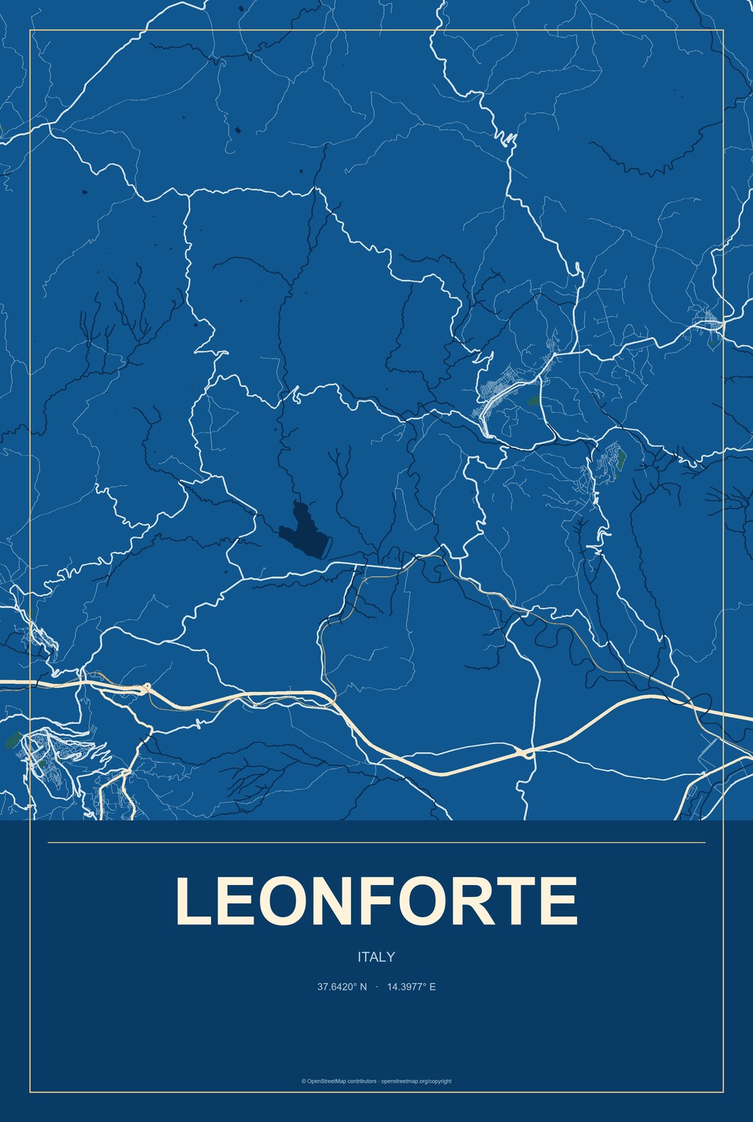 Leonforte, Italy City Map Aluminum Sign in Harbor Cobalt style
