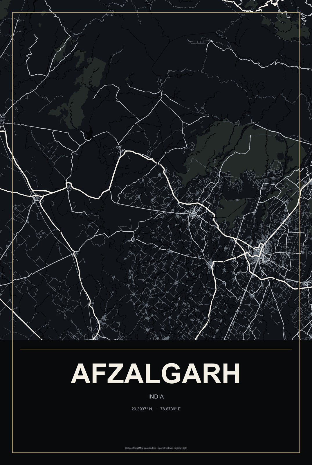 Afzalgarh, India City Map Aluminum Sign in Metropolitan Noir style