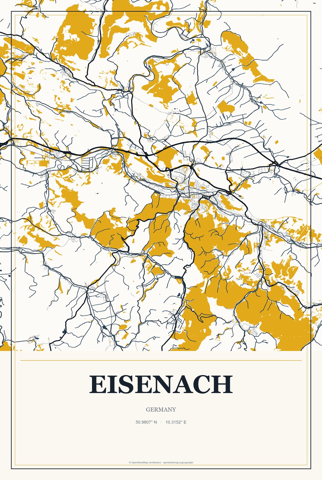 Eisenach, Germany City Map Aluminum Sign in Citrine Modern style
