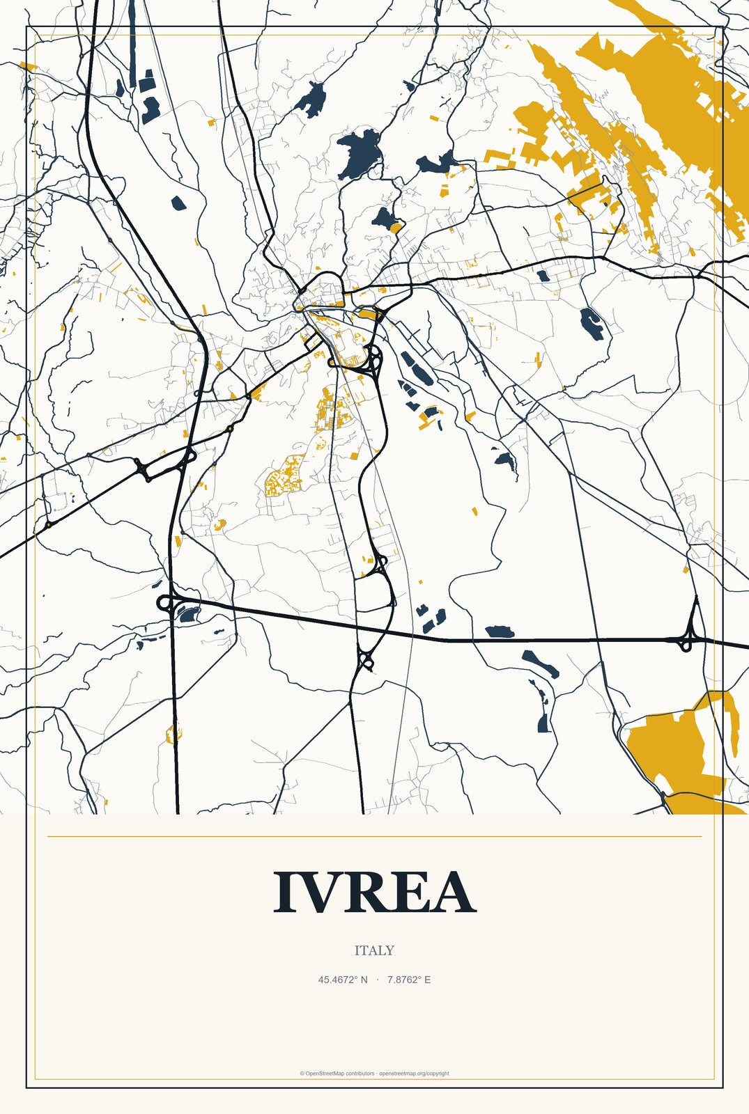 Ivrea, Italy City Map Aluminum Sign in Citrine Modern style