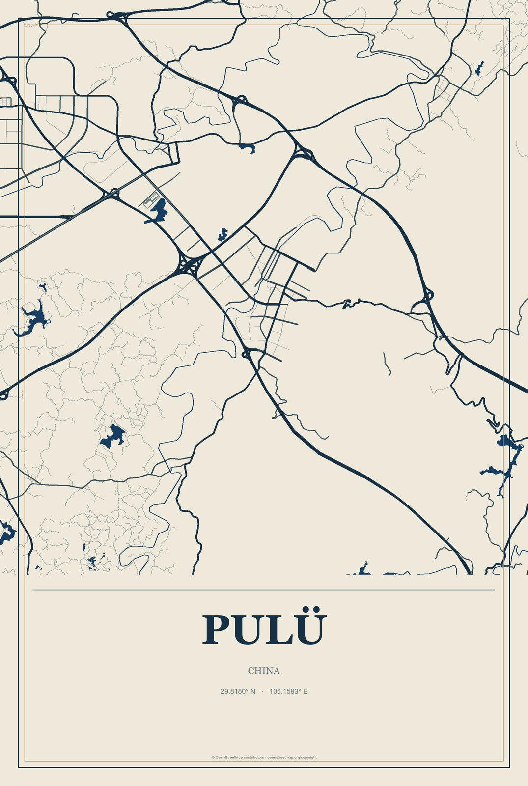 Pulü, China City Map Aluminum Sign in Coastal Cutout style