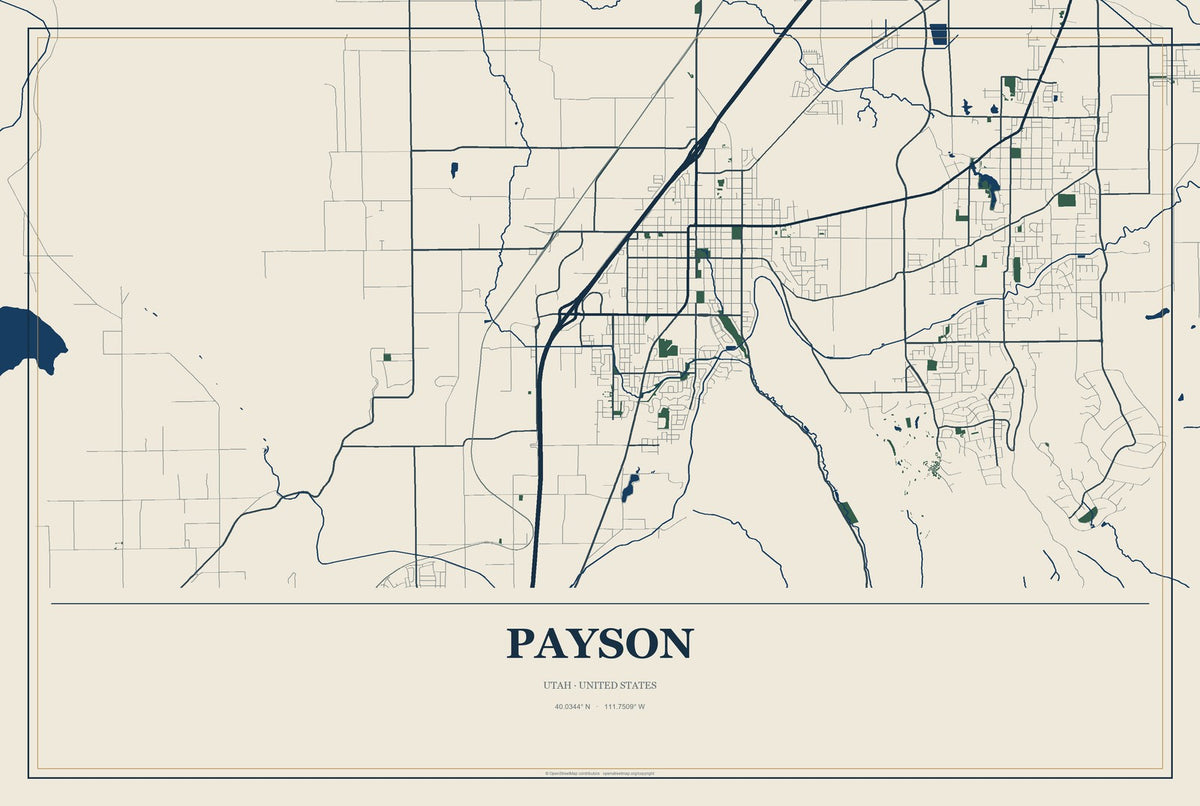 Payson, Utah City Map Aluminum Sign in Coastal Cutout style