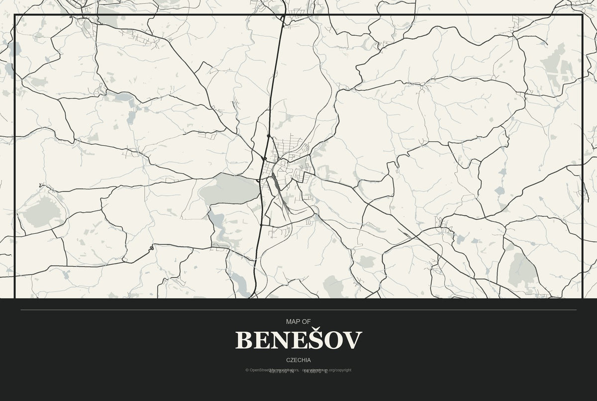 Benešov, Czechia City Map Aluminum Sign in Museum Plaque style