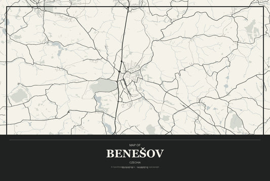 Benešov, Czechia City Map Aluminum Sign in Museum Plaque style