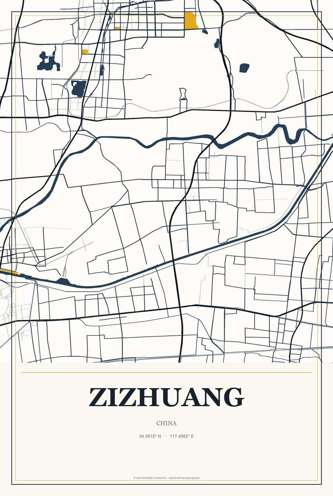 Zizhuang, China City Map Aluminum Sign in Citrine Modern style