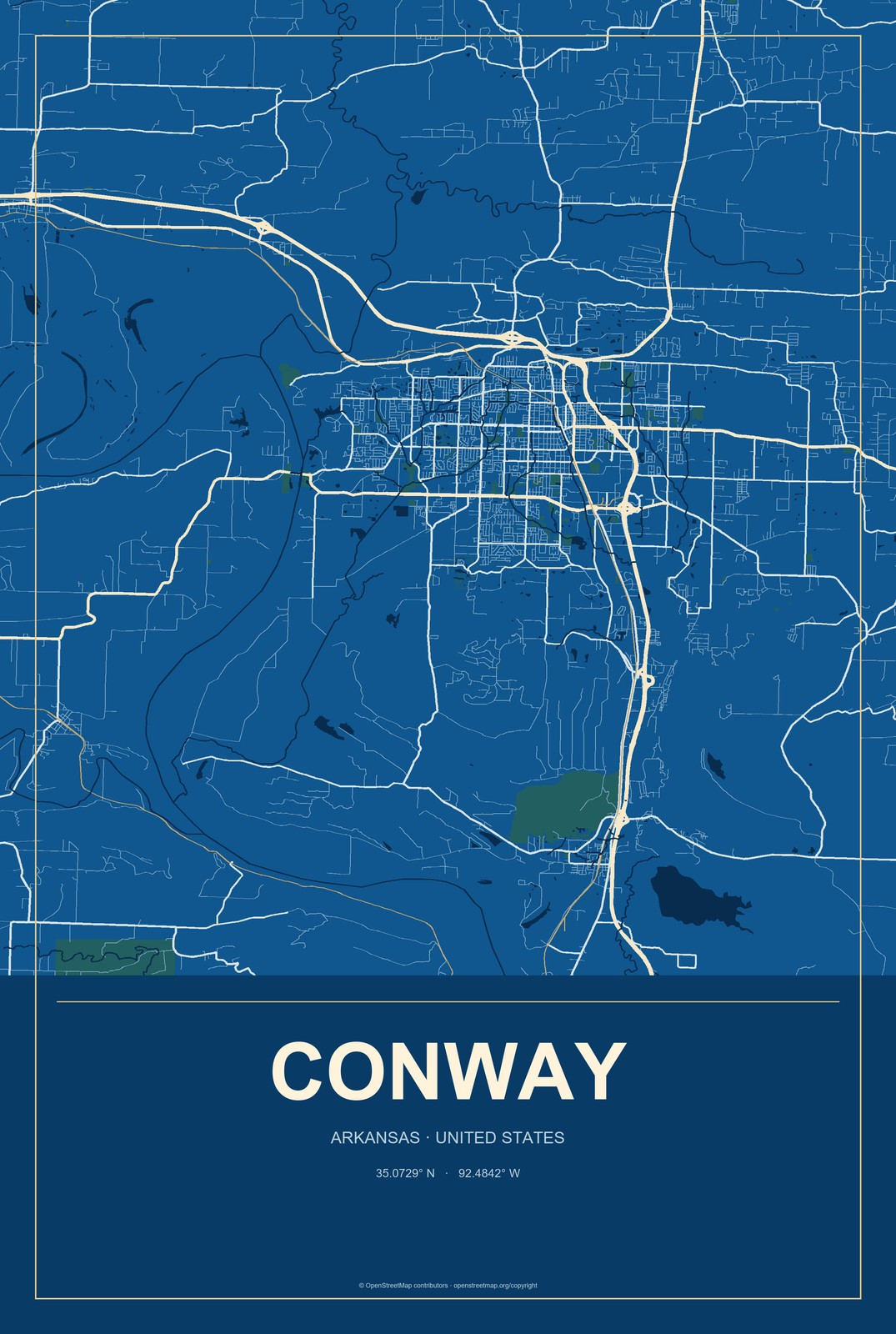 Conway, Arkansas City Map Aluminum Sign in Harbor Cobalt style
