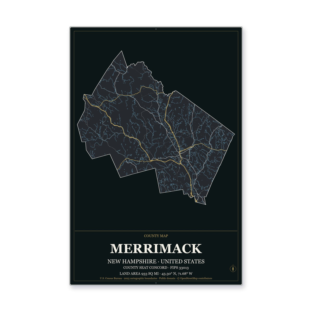Merrimack County, New Hampshire Map Aluminum Sign in Metropolitan Noir style