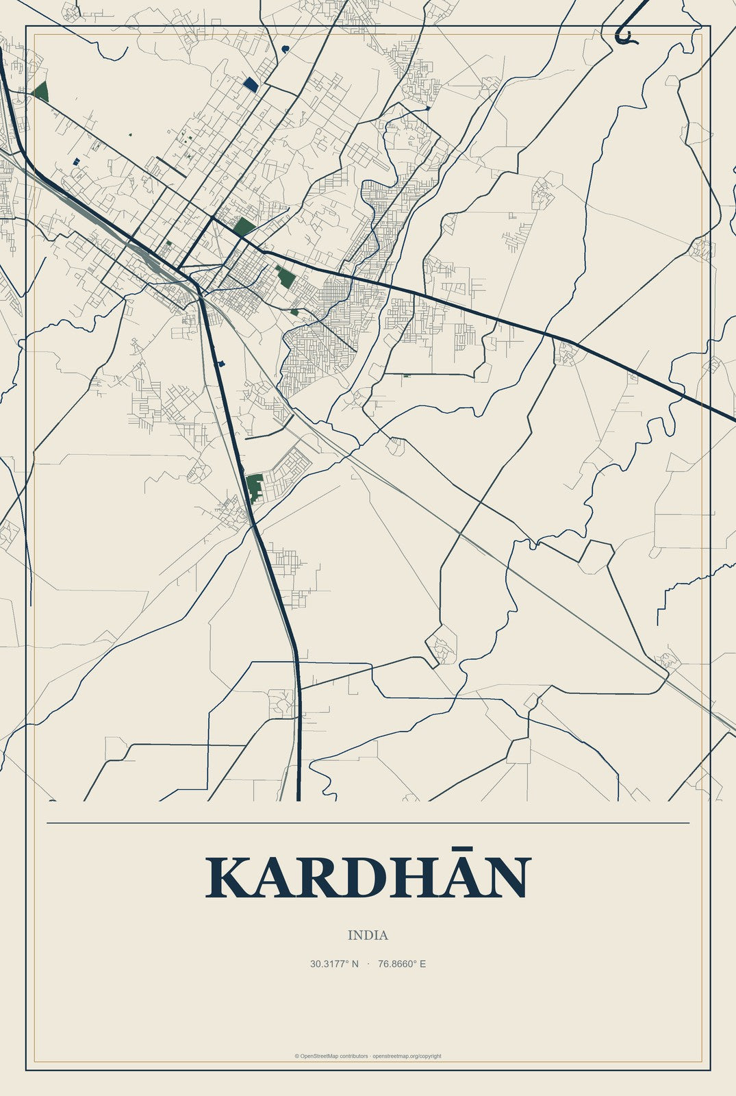 Kardhān, India City Map Aluminum Sign in Coastal Cutout style