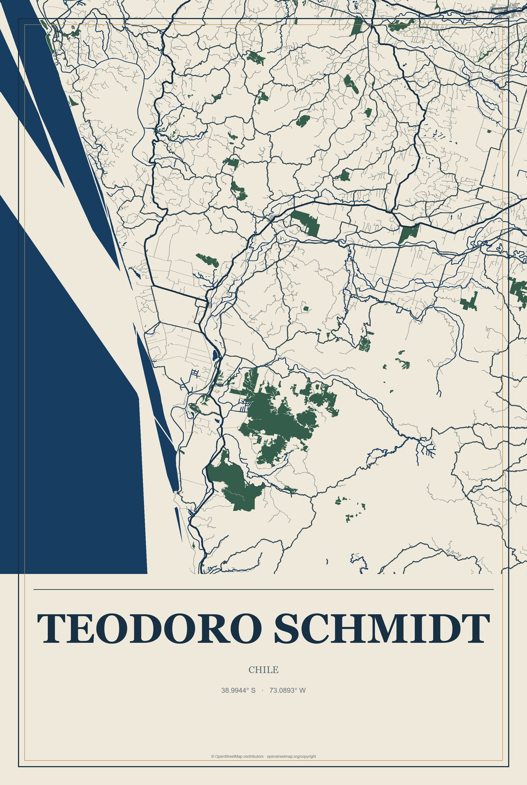 Teodoro Schmidt, Chile City Map Aluminum Sign in Coastal Cutout style
