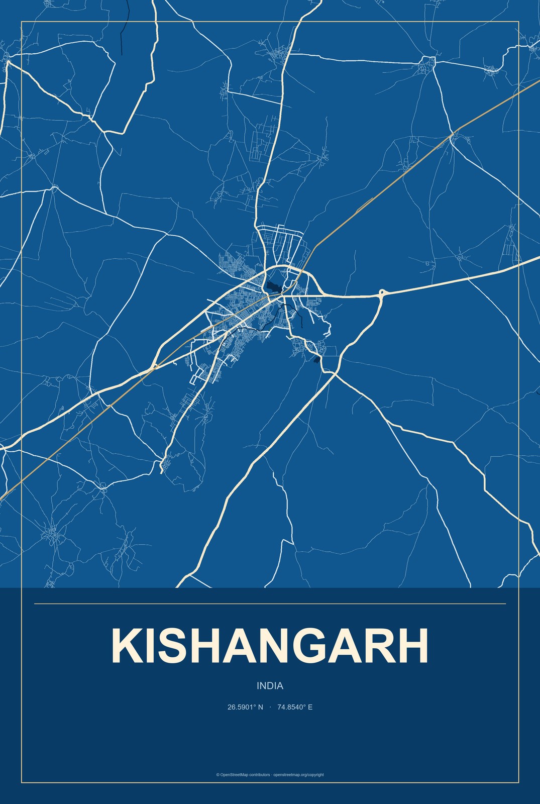 Kishangarh, India City Map Aluminum Sign in Harbor Cobalt style