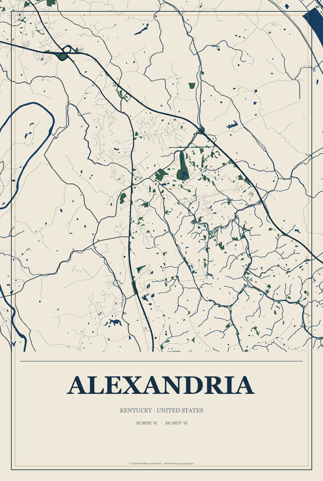 Alexandria, Kentucky City Map Aluminum Sign in Coastal Cutout style