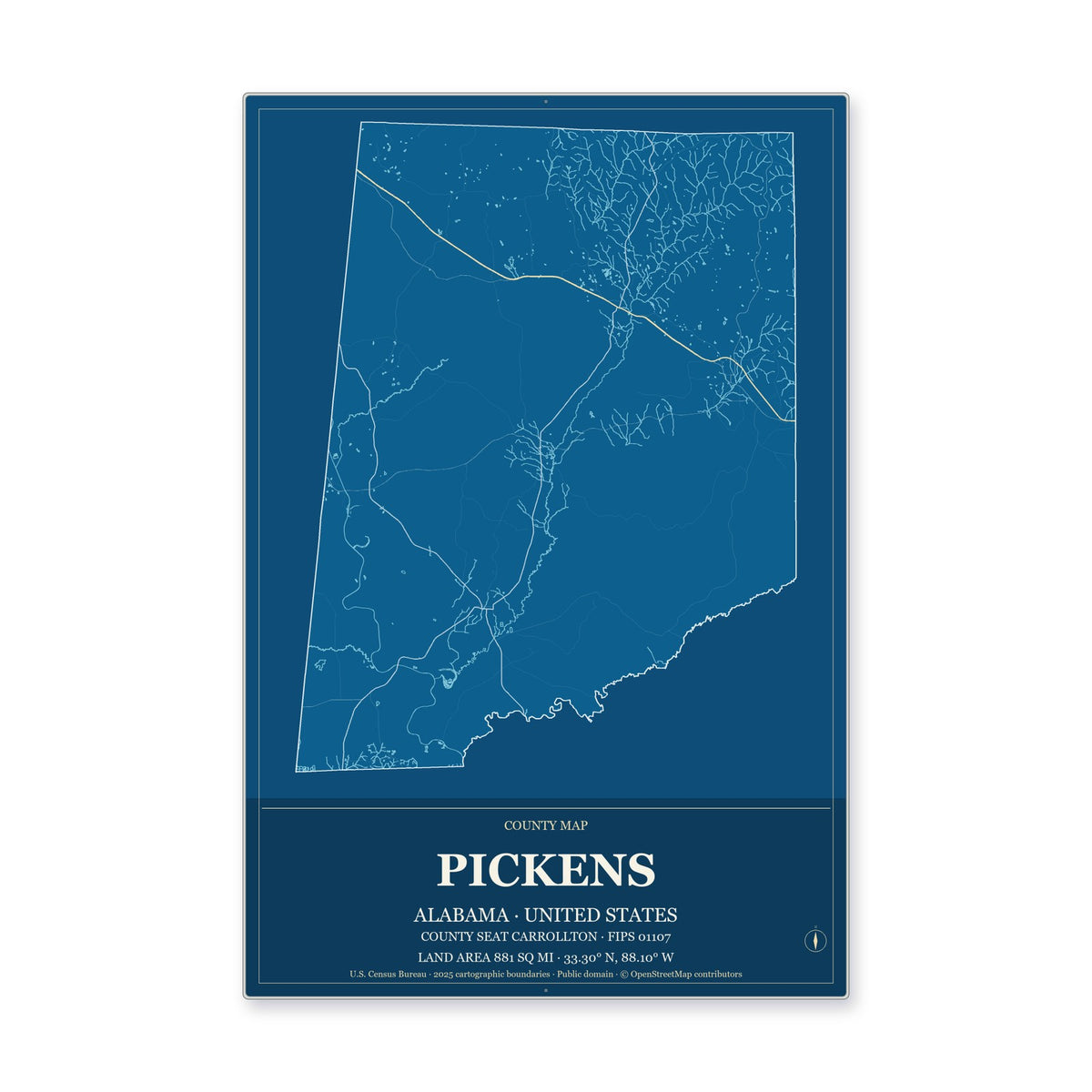 Pickens County, Alabama Map Aluminum Sign in Harbor Cobalt style