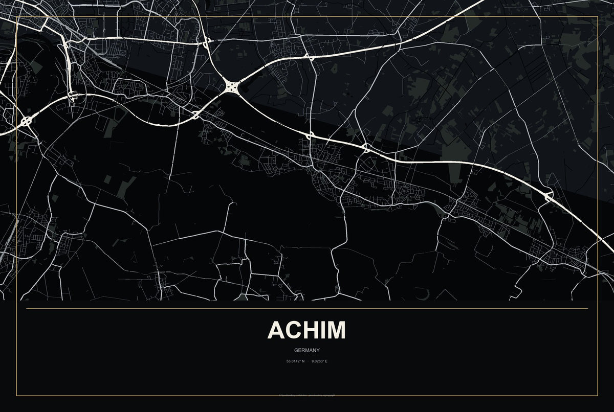 Achim, Germany City Map Aluminum Sign in Metropolitan Noir style
