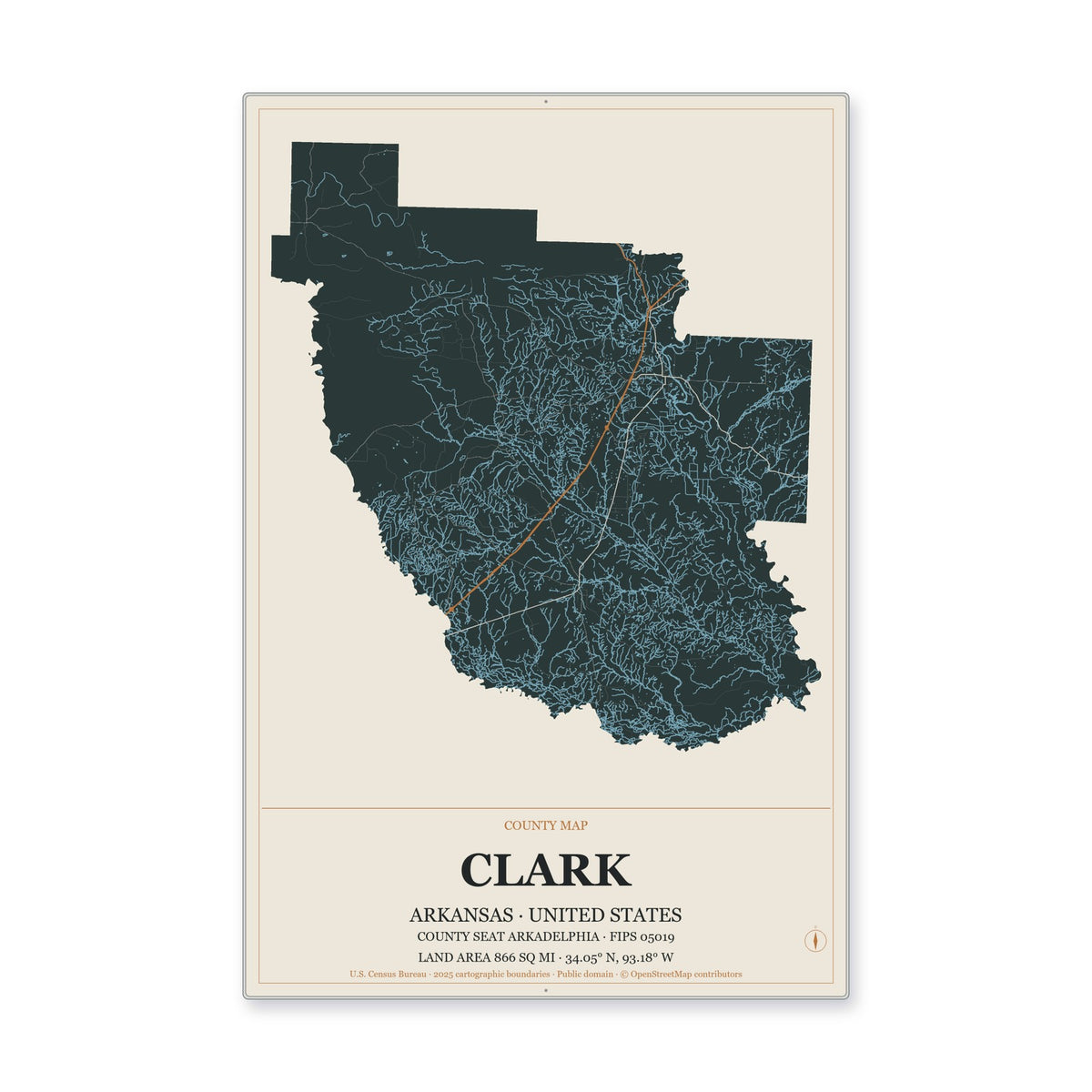 Clark County, Arkansas Map Aluminum Sign in Headline Atlas style