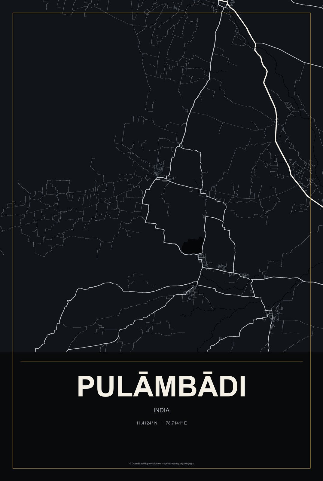 Pulāmbādi, India City Map Aluminum Sign in Metropolitan Noir style