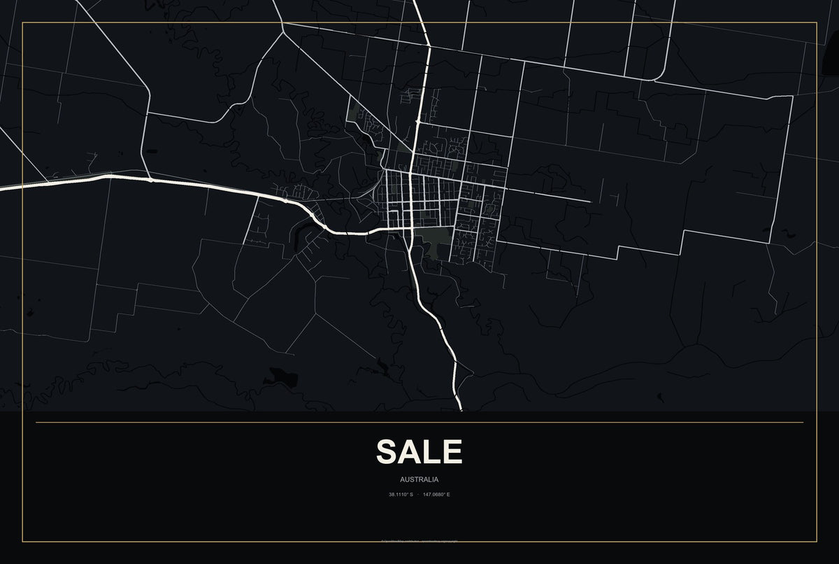 Sale, Australia City Map Aluminum Sign in Metropolitan Noir style
