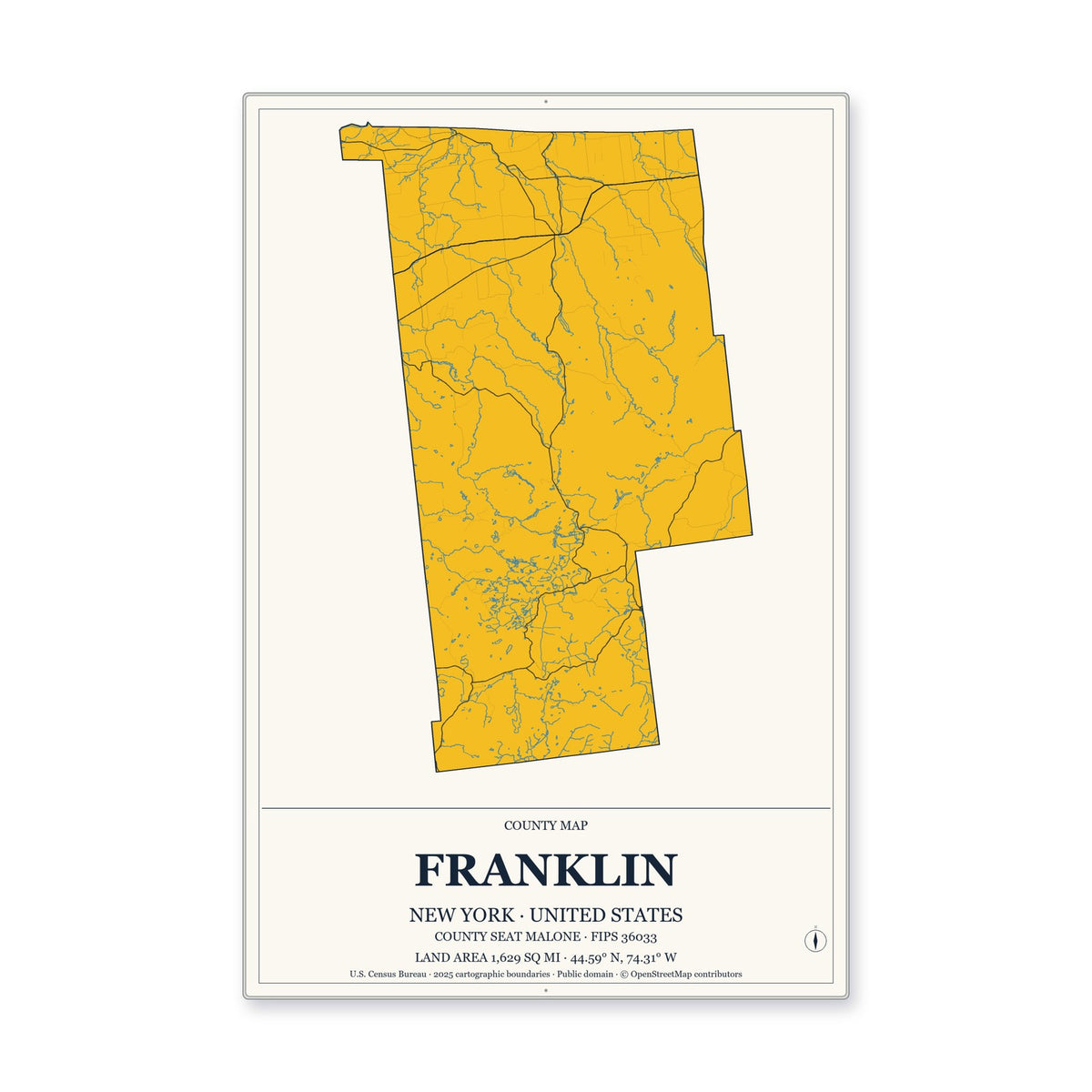 Franklin County, New York Map Aluminum Sign in Citrine Modern style
