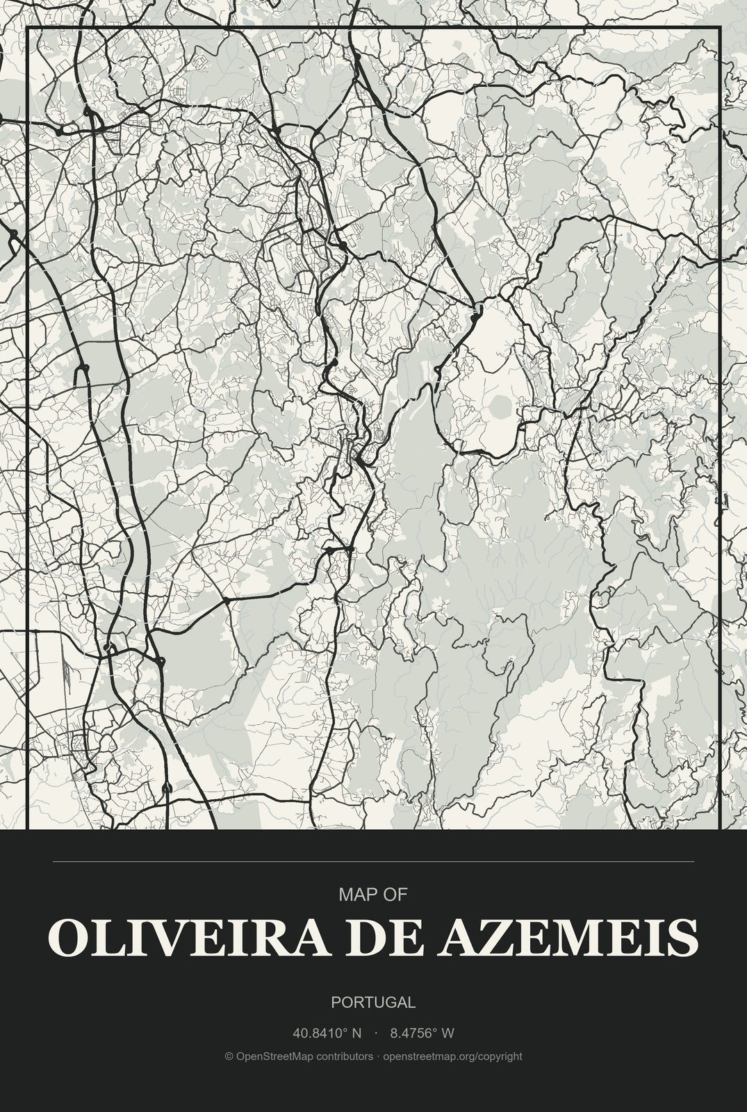 Oliveira de Azemeis, Portugal City Map Aluminum Sign in Museum Plaque style