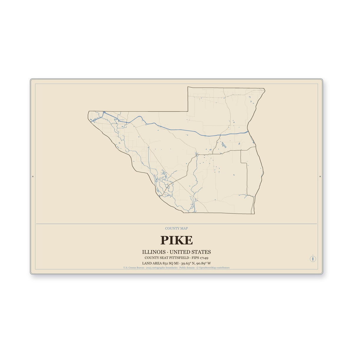 Pike County, Illinois Map Aluminum Sign in Heritage Nautical style