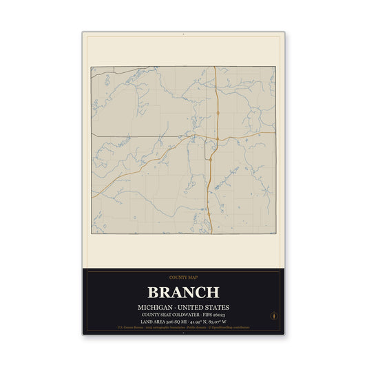 Branch County, Michigan Map Aluminum Sign in Museum Plaque style