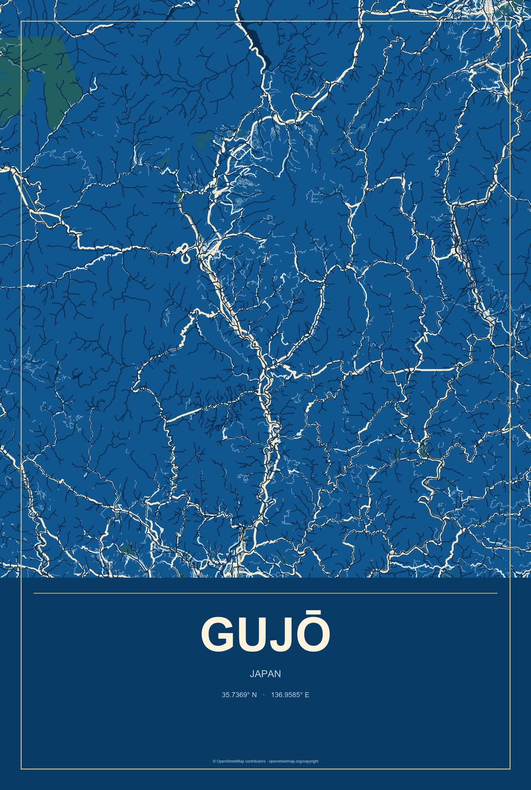 Gujō, Japan City Map Aluminum Sign in Harbor Cobalt style
