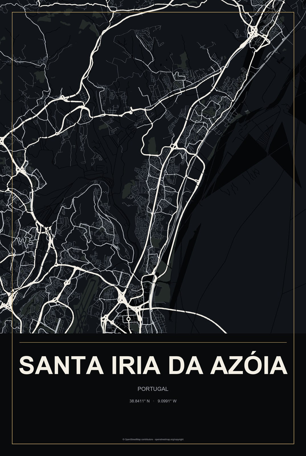 Santa Iria da Azóia, Portugal City Map Aluminum Sign in Metropolitan Noir style