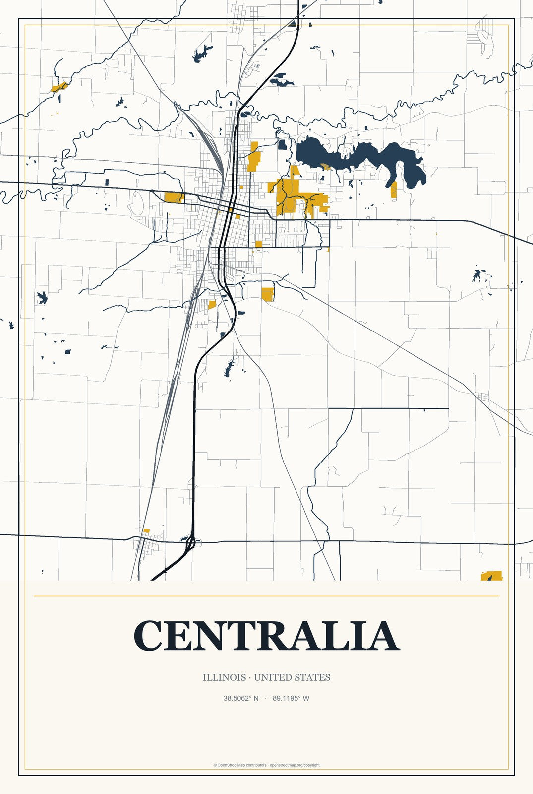 Centralia, Illinois City Map Aluminum Sign in Citrine Modern style