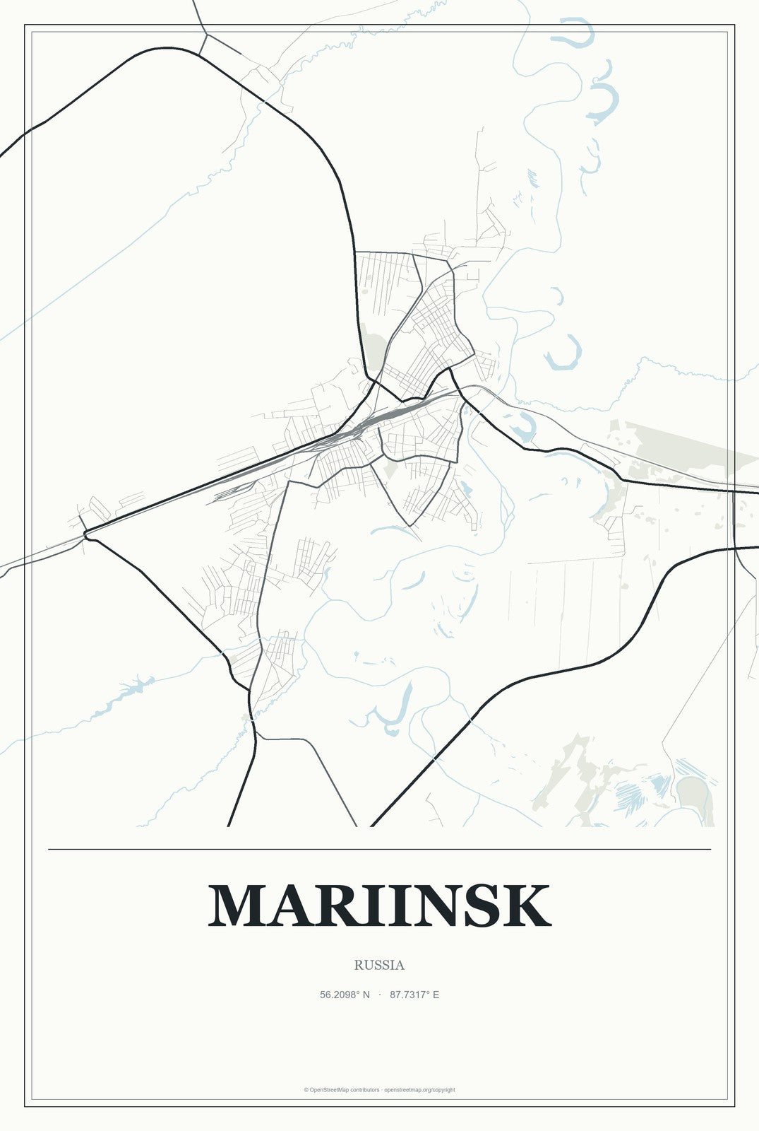 Mariinsk, Russia City Map Aluminum Sign in Gallery Air style