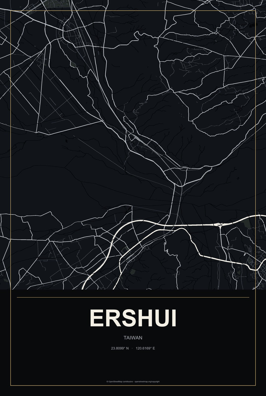 Ershui, Taiwan City Map Aluminum Sign in Metropolitan Noir style
