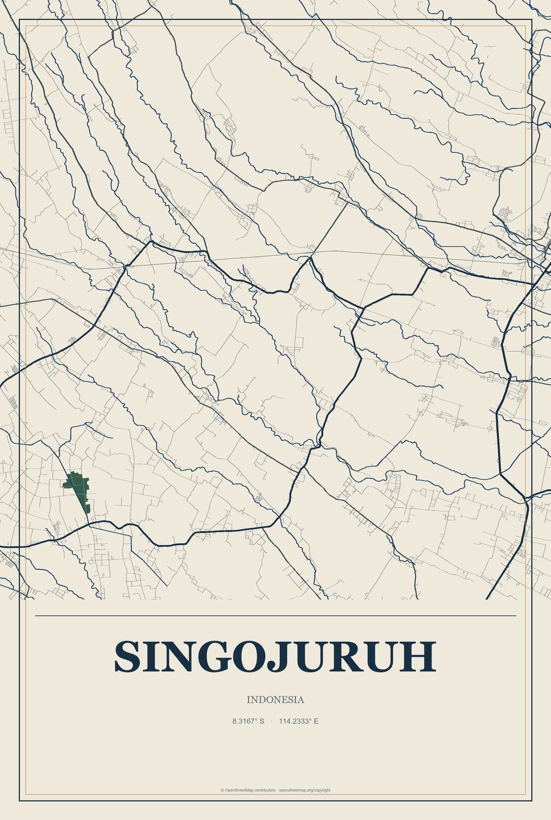 Singojuruh, Indonesia City Map Aluminum Sign in Coastal Cutout style